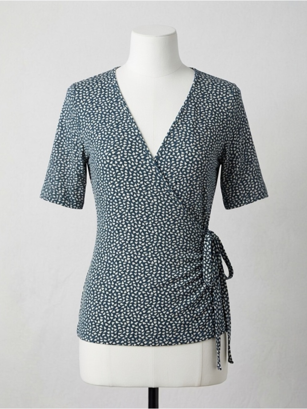 Lascana Venus Abstract Floral Faux Wrap Ruched Side Tie Short Sleeve Top Size M